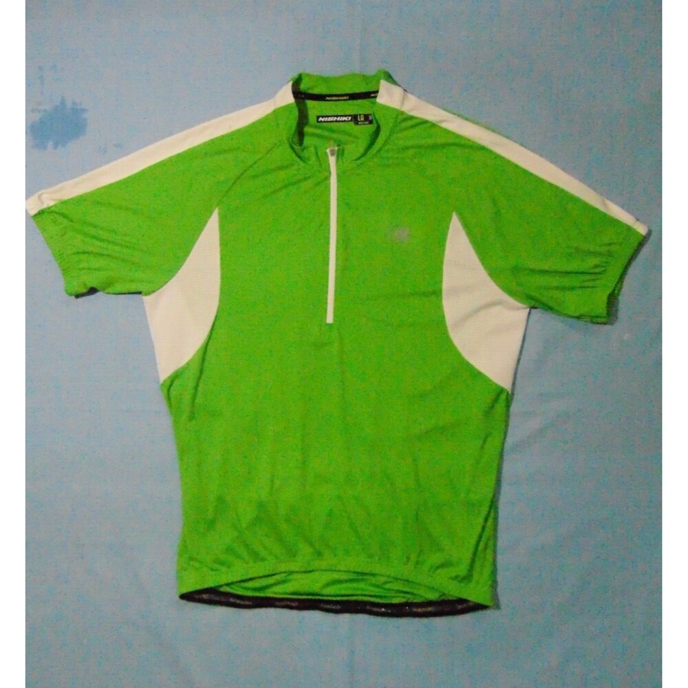 Nishiki Cycling‎ Shirt Men's Large Green/White Vented Zip 3 Pocket Free Shipping
